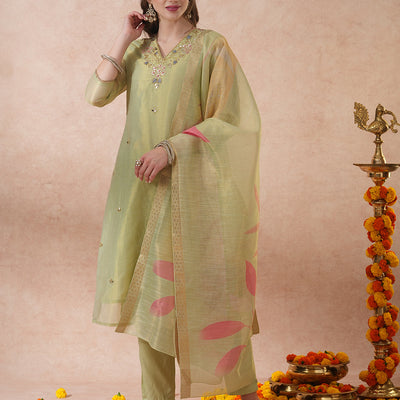Floral Hand Embroidered Straight Tissue Kurta with Pant and Dupatta - Mint Green