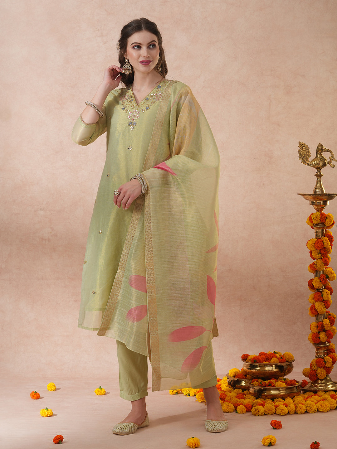 Floral Hand Embroidered Straight Tissue Kurta with Pant and Dupatta - Mint Green