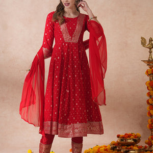 Ethnic Embroidered & Woven Anarkali Kurta with Pant & Dupatta - Red