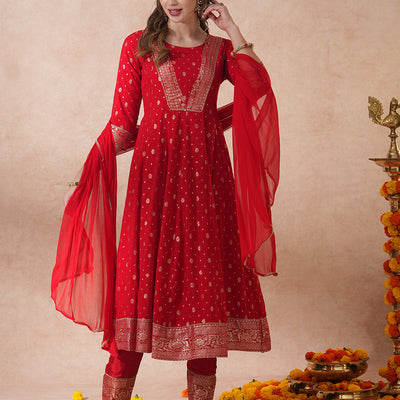 Ethnic Embroidered & Woven Anarkali Kurta with Pant & Dupatta - Red