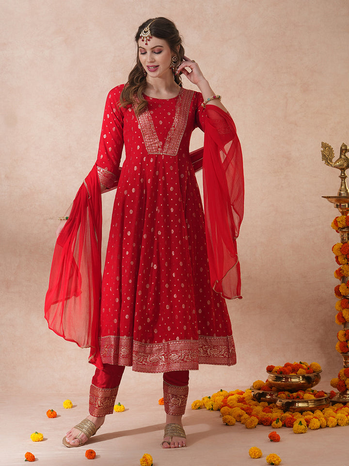 Ethnic Embroidered & Woven Anarkali Kurta with Pant & Dupatta - Red