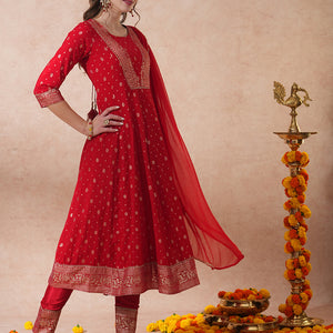Ethnic Embroidered & Woven Anarkali Kurta with Pant & Dupatta - Red