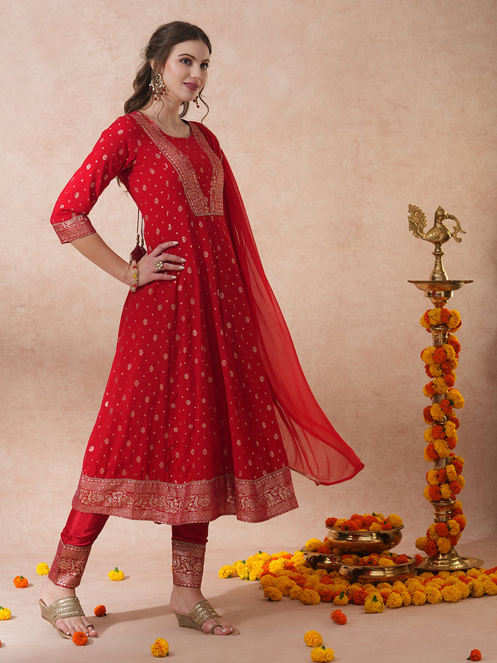 Ethnic Embroidered & Woven Anarkali Kurta with Pant & Dupatta - Red