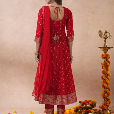 Ethnic Embroidered & Woven Anarkali Kurta with Pant & Dupatta - Red