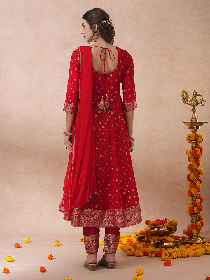 Ethnic Embroidered & Woven Anarkali Kurta with Pant & Dupatta - Red