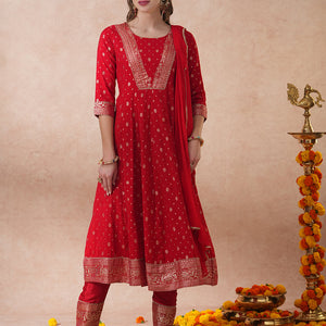 Ethnic Embroidered & Woven Anarkali Kurta with Pant & Dupatta - Red