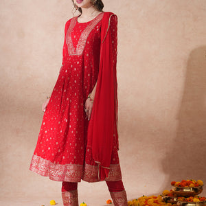 Ethnic Embroidered & Woven Anarkali Kurta with Pant & Dupatta - Red