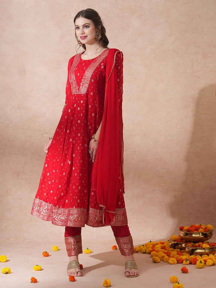 Ethnic Embroidered & Woven Anarkali Kurta with Pant & Dupatta - Red