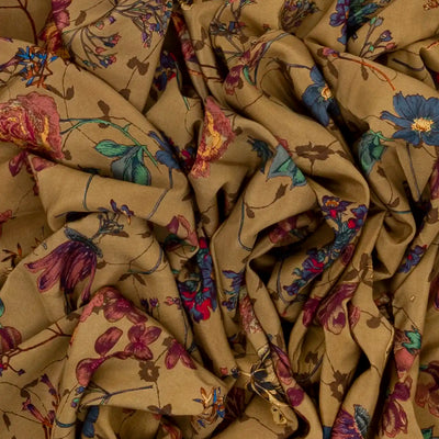Beige Woven Digital Printed Crepe Silk Saree With Flower Motifs