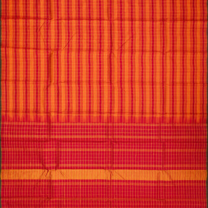 Red & Orange Handloom Kanchipuram Silk Saree With Checks