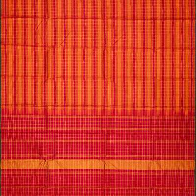 Red & Orange Handloom Kanchipuram Silk Saree With Checks