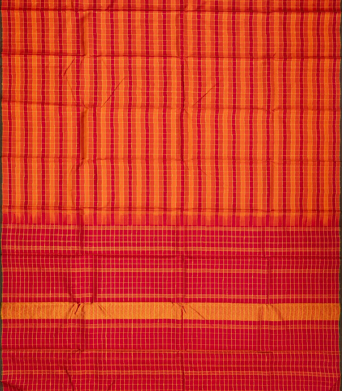 Red & Orange Handloom Kanchipuram Silk Saree With Checks