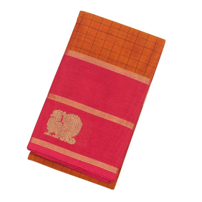 Orange Handloom Kanchi Cotton Saree With Checks