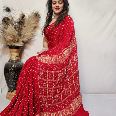 Modal Silk Barik Bandhej work Lagdi Patta Border Chex Bandhani Saree