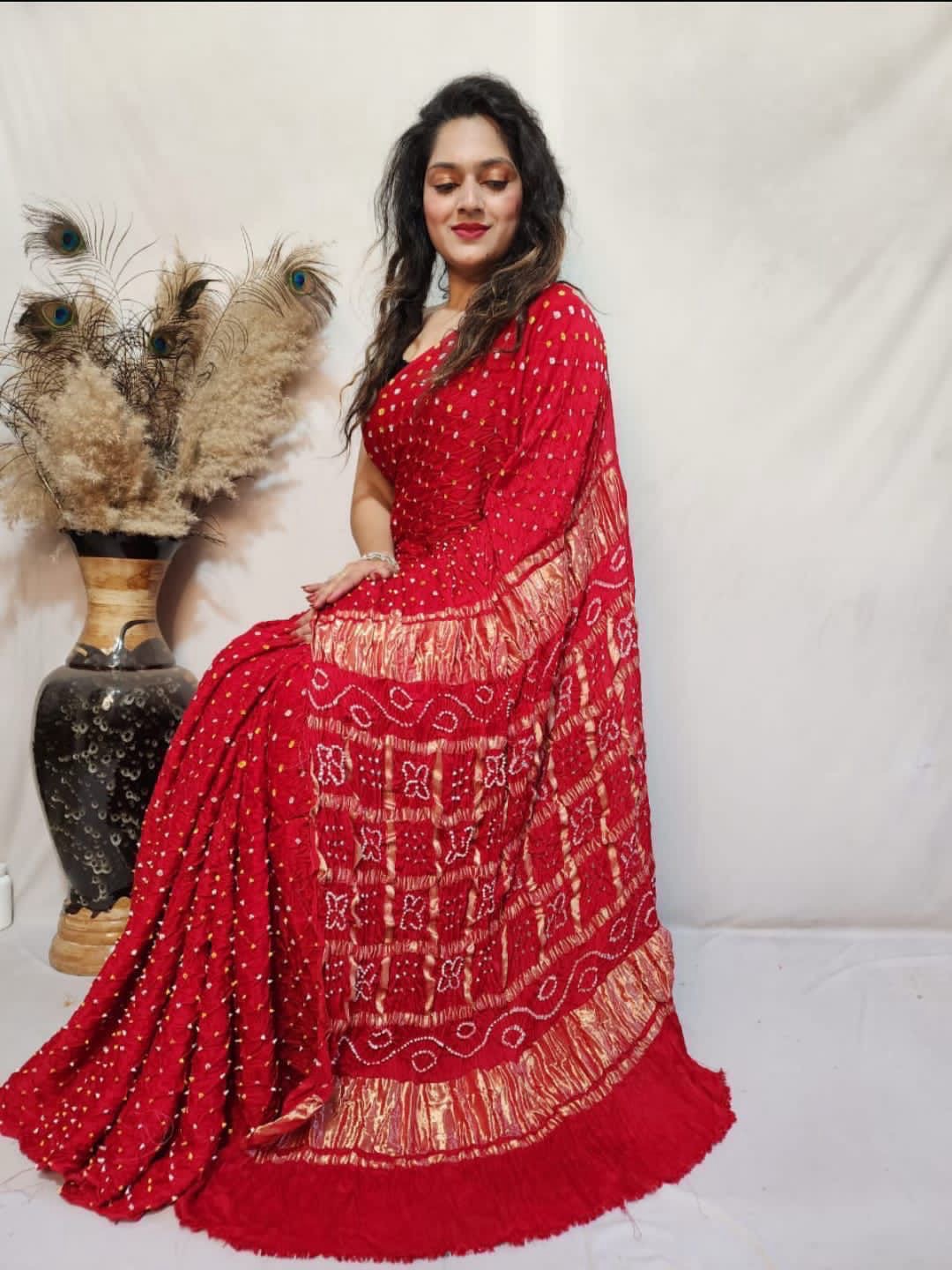 Modal Silk Barik Bandhej work Lagdi Patta Border Chex Bandhani Saree