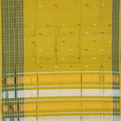 Olive Green Handloom Venkatagiri Cotton Saree With Checked Border