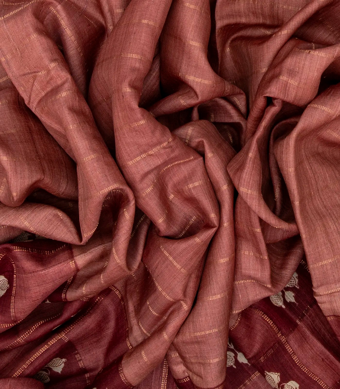 Chesnutt Pink Handloom Tussar Silk Saree With Stripes & Floral Motifs in Border