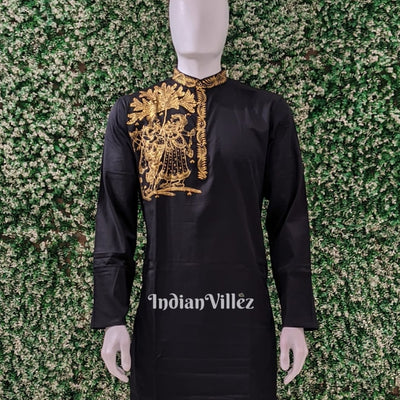 Black Radha Krishna Hand-Painted Pattachitra Kurta
