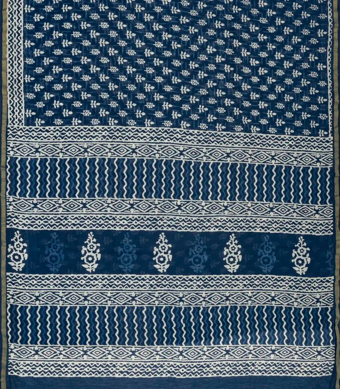 Indigo Woven Jaipur Cotton Saree With Printed Cream Floral Motifs