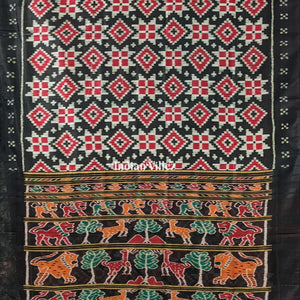 Black Red Pasapali Odisha Ikat Contemporary Silk Saree with Animal Anchal