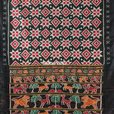 Black Red Pasapali Odisha Ikat Contemporary Silk Saree with Animal Anchal