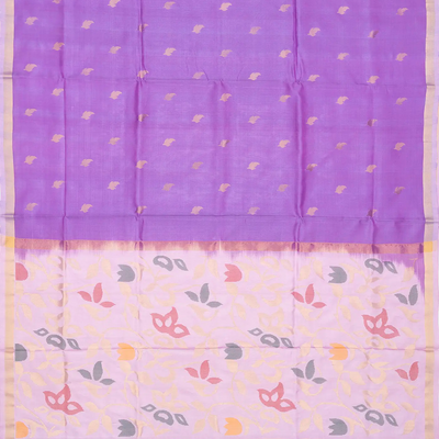 Lavender Handloom Uppada Silk Saree With Floral Buttas & Taupe Pallu