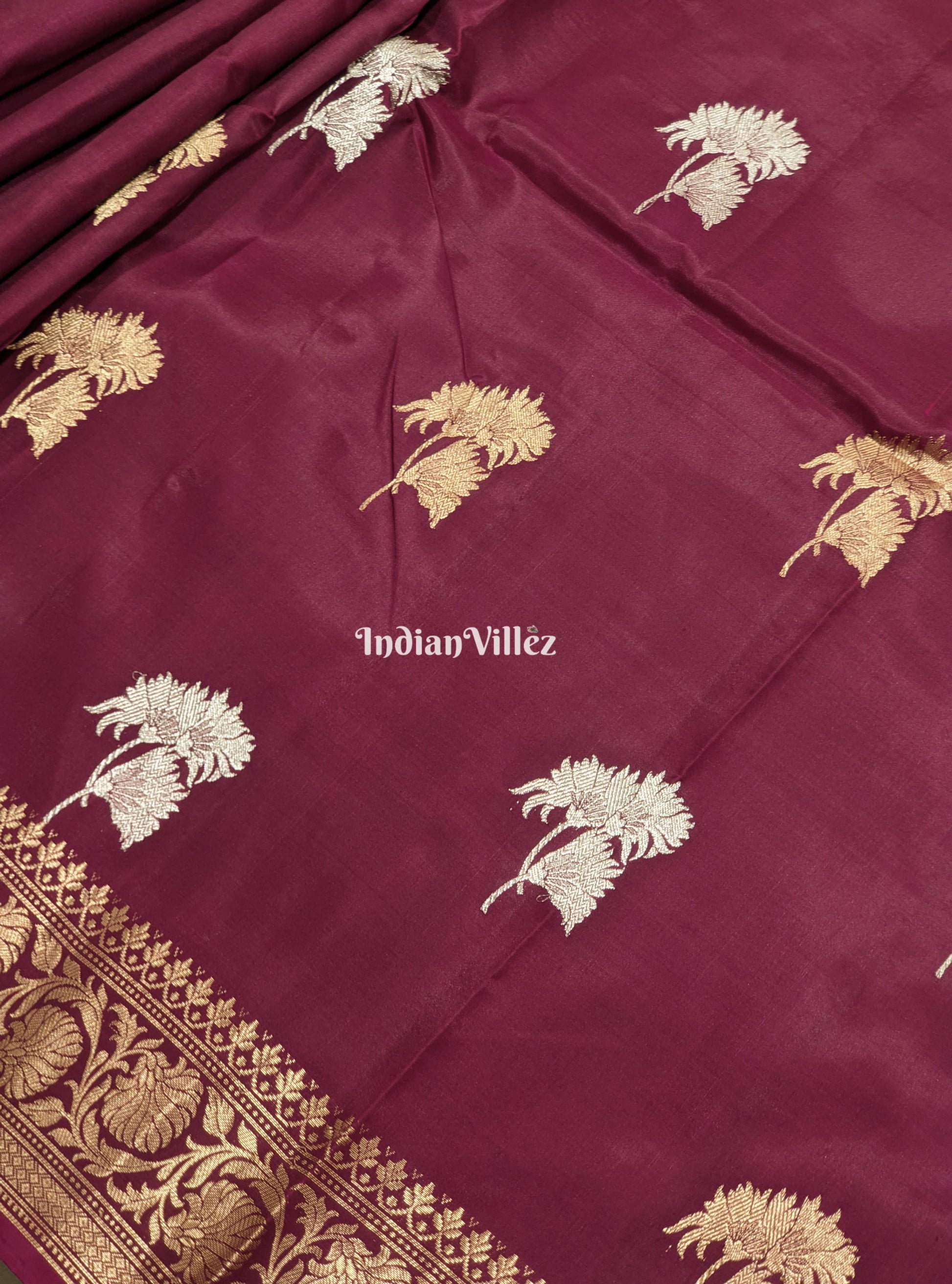 Wine Floral Designer Katan Silk Banarasi Saree