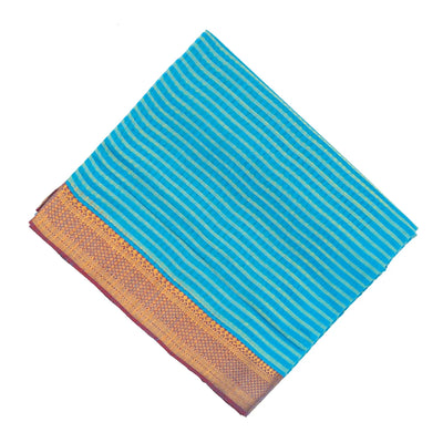 Sky Blue Mangalagiri Cotton Saree With Stripes & Contrast Border