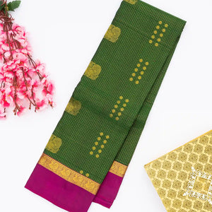 Dark Green Silk Saree With Zari Checks & Annam Buttas