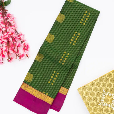 Dark Green Silk Saree With Zari Checks & Annam Buttas