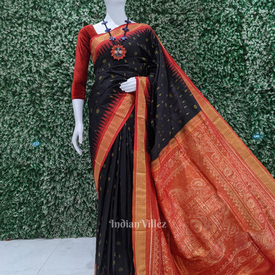 Black Red Fish Motif Sambalpuri Silk Saree with Tissue Anchal