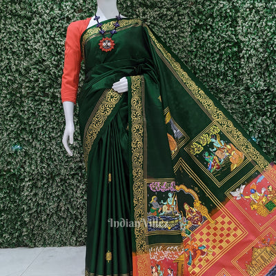 Green With Light Pink Ramayan Theme Hand-Painted Pattachitra Saree