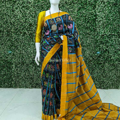 Black Yellow Nabakothi Contemporary Silk Saree