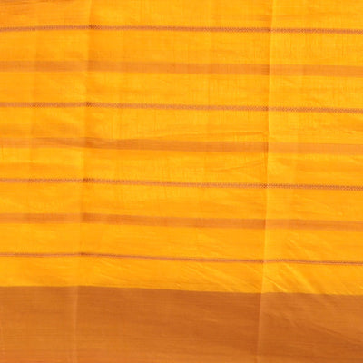 Yellow striped semi-banaras tussar saree with contrast border & checked pallu