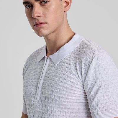 White Zipper Knitted Polo T-Shirt