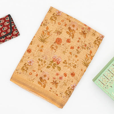 Beige Handwoven Linen Saree Printed With Floral Motifs