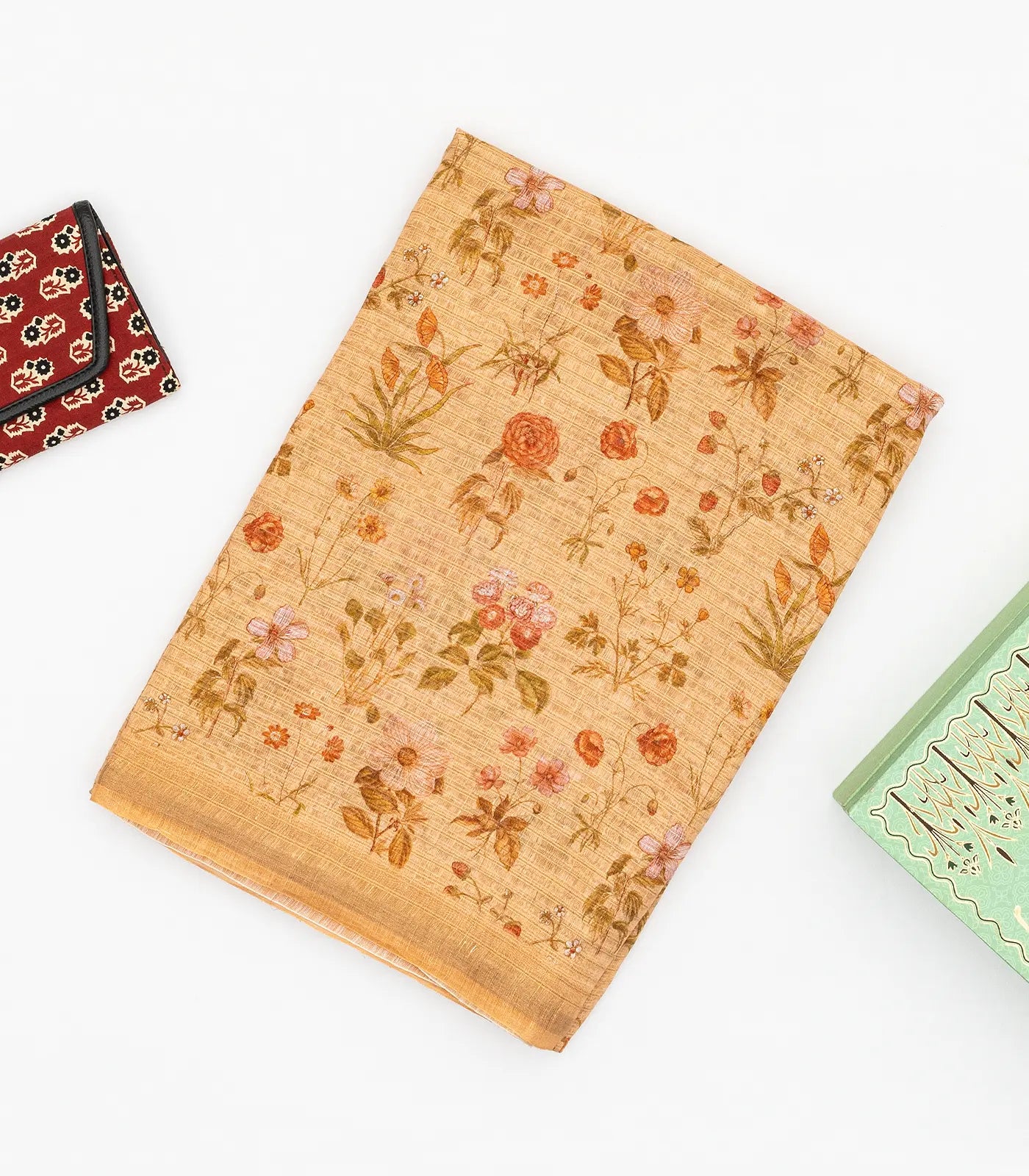 Beige Handwoven Linen Saree Printed With Floral Motifs