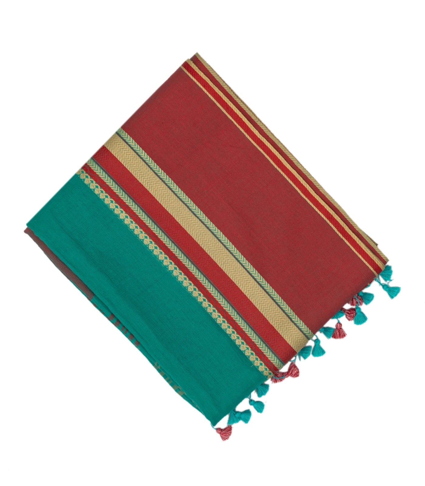 Cyan Bengal Cotton Saree With Crimson Border