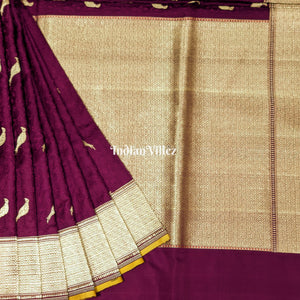 Wine Parrot Motif Pure Banarasi Katan Silk Saree