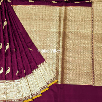 Wine Parrot Motif Pure Banarasi Katan Silk Saree