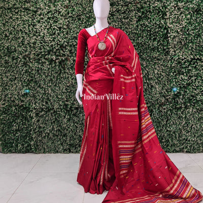 Red Habaspuri Inspired Contemporary Bomkai  Sambalpuri Silk Saree