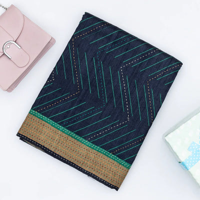 Navy Blue Handloom Tussar Silk Saree Printed With Chevron Motifs