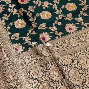 Forest Green Floral Motif Designer Meenakari Banarasi Silk Saree