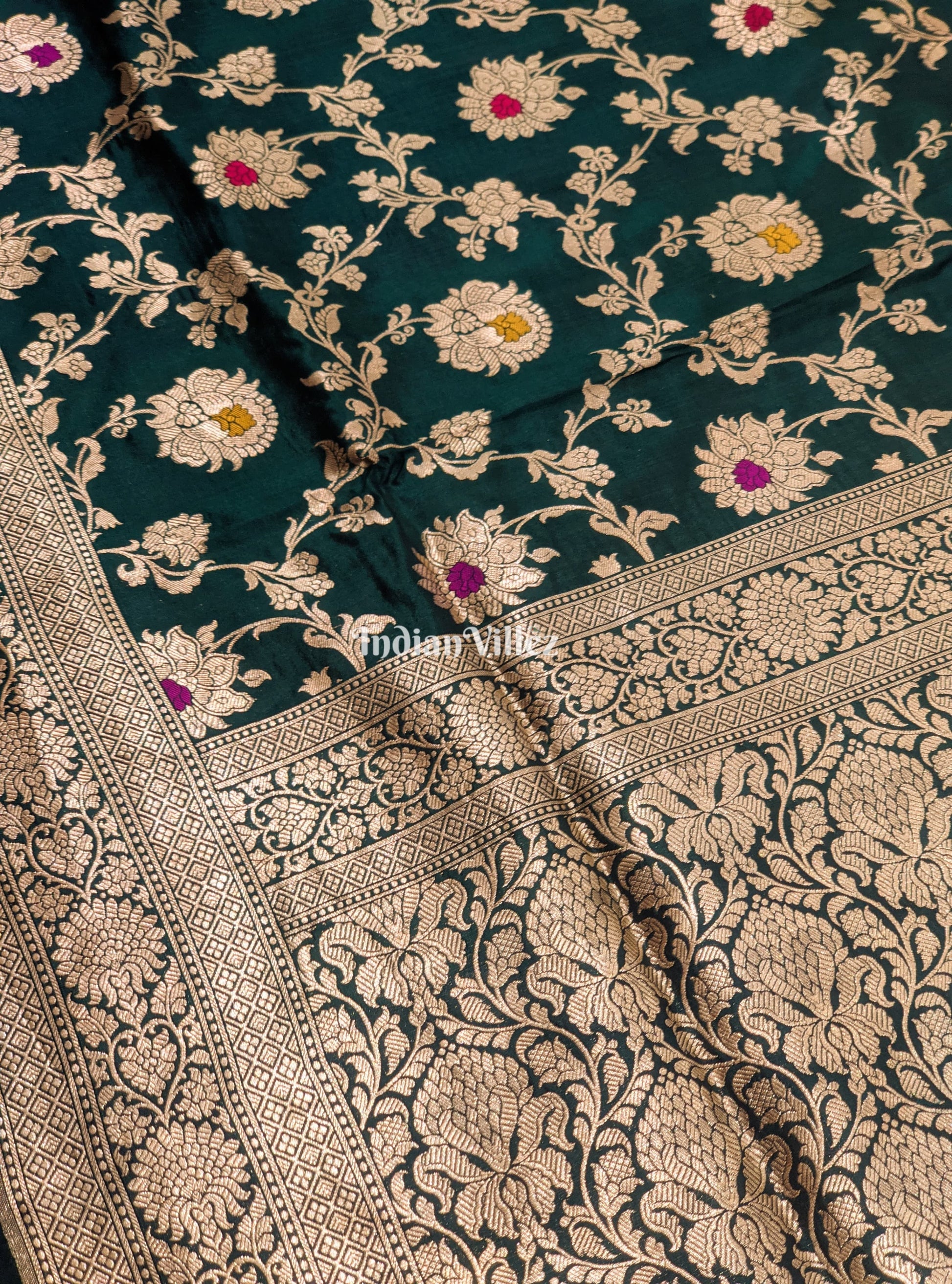 Forest Green Floral Motif Designer Meenakari Banarasi Silk Saree