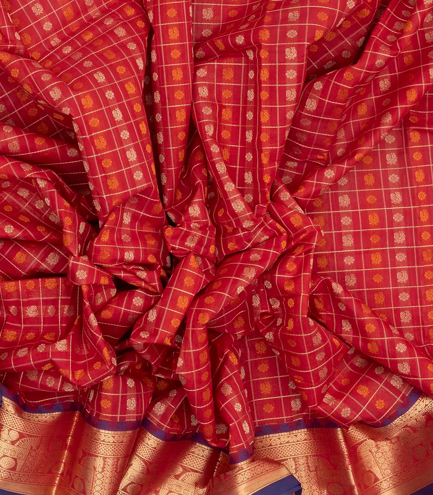 Red Handloom Kanchi Cotton Saree And Checks