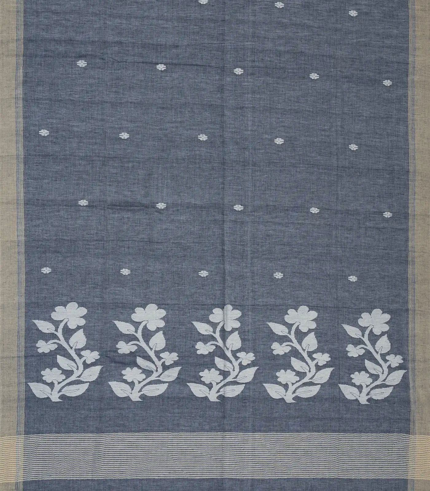 Grey Handloom Bengal Cotton Saree With Floral Buttas