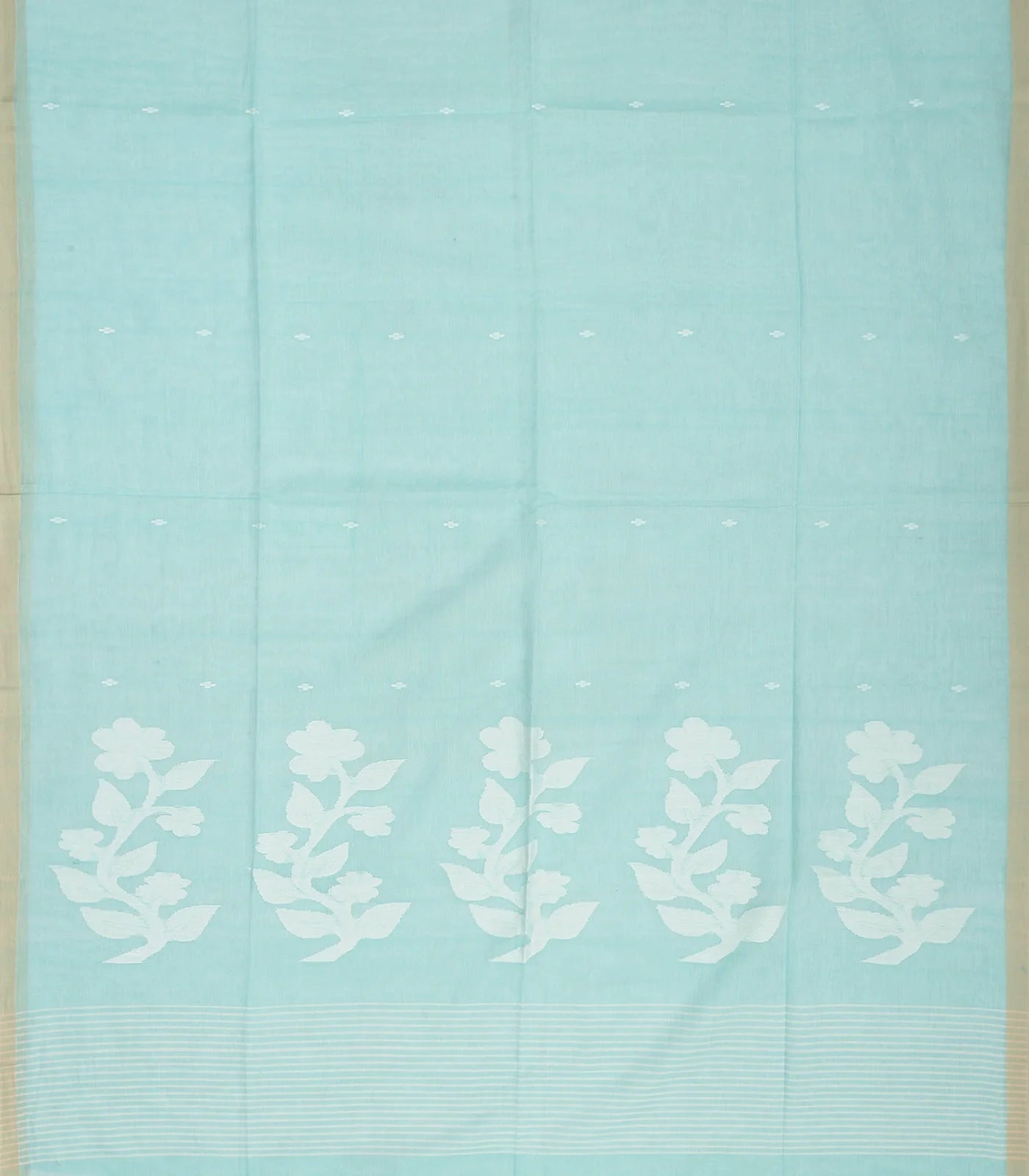 Light Blue Handloom Bengal Cotton Saree With Plus Buttas