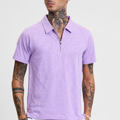 Lavender Self-Design Zipper Polo T-Shirt