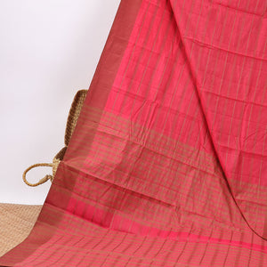 Red striped semi-banaras tussar saree with contrast border & checked pallu