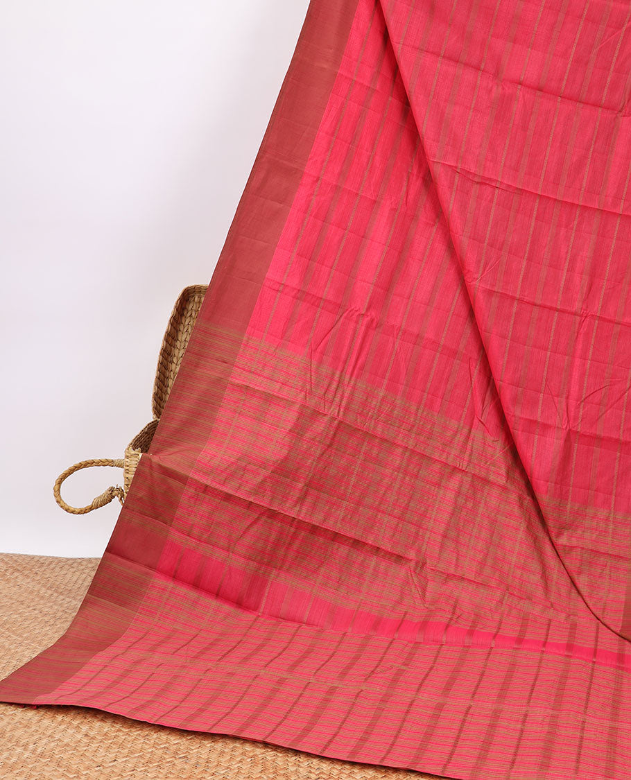 Red striped semi-banaras tussar saree with contrast border & checked pallu